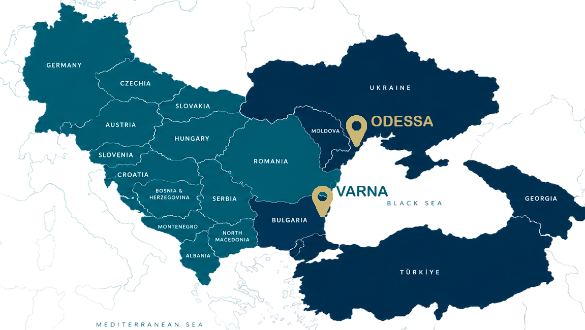 Harta bazinului Dunării și a regiunii Mării Negre cu birourile institutului din Odesa și Varna